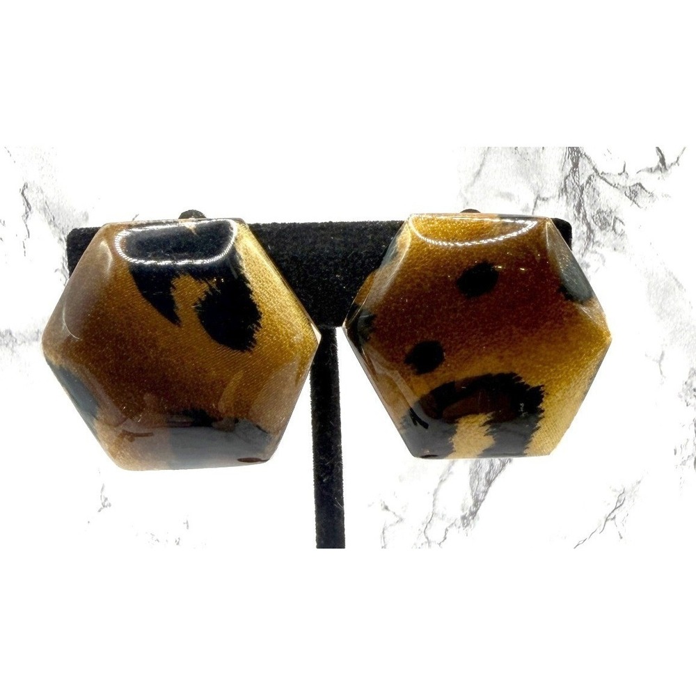 Chunky Geometric‎ Clip On Earrings Brown Black Statement Safari Animal Print